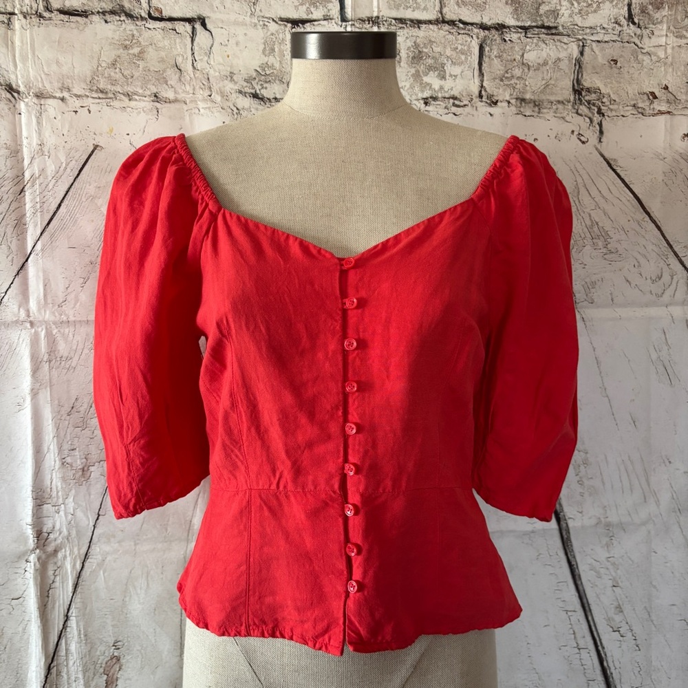 Something Navy Red Puff Sleeve Peplum Top